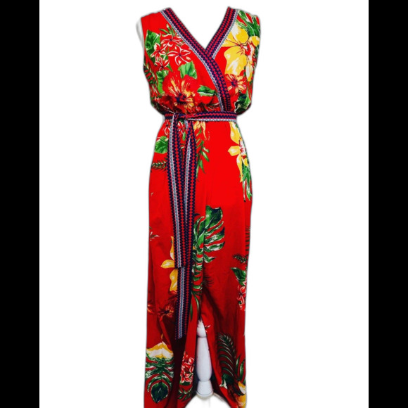 Flying Tomato Red Tropical Floral Wide Leg Open Back Jumpsuit Women's Size S - Picture 1 of 7